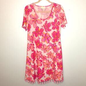 Simple Southern flower print scoop neck tassel hem T-shirt dress S
